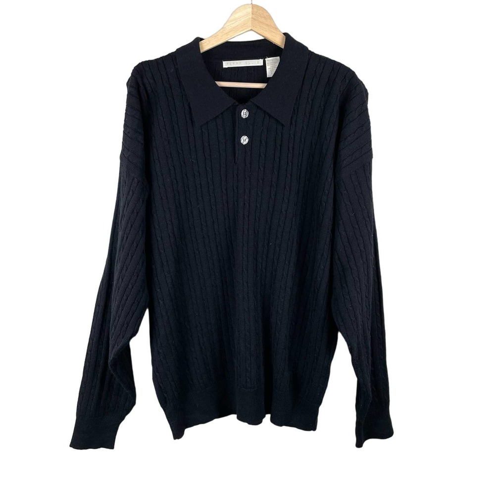 90s Vintage Black Wool Collared Grandpa Sweater Academia Normcore Preppy Sz L